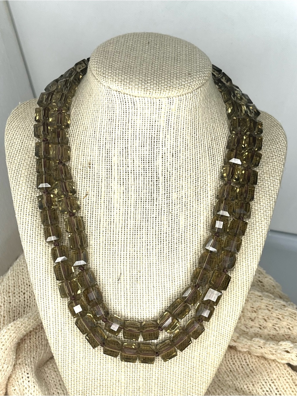 VTG 90s Kenneth Jay Lane 17” Two Strand Smoky Faceted Glass Bead Runway Necklace